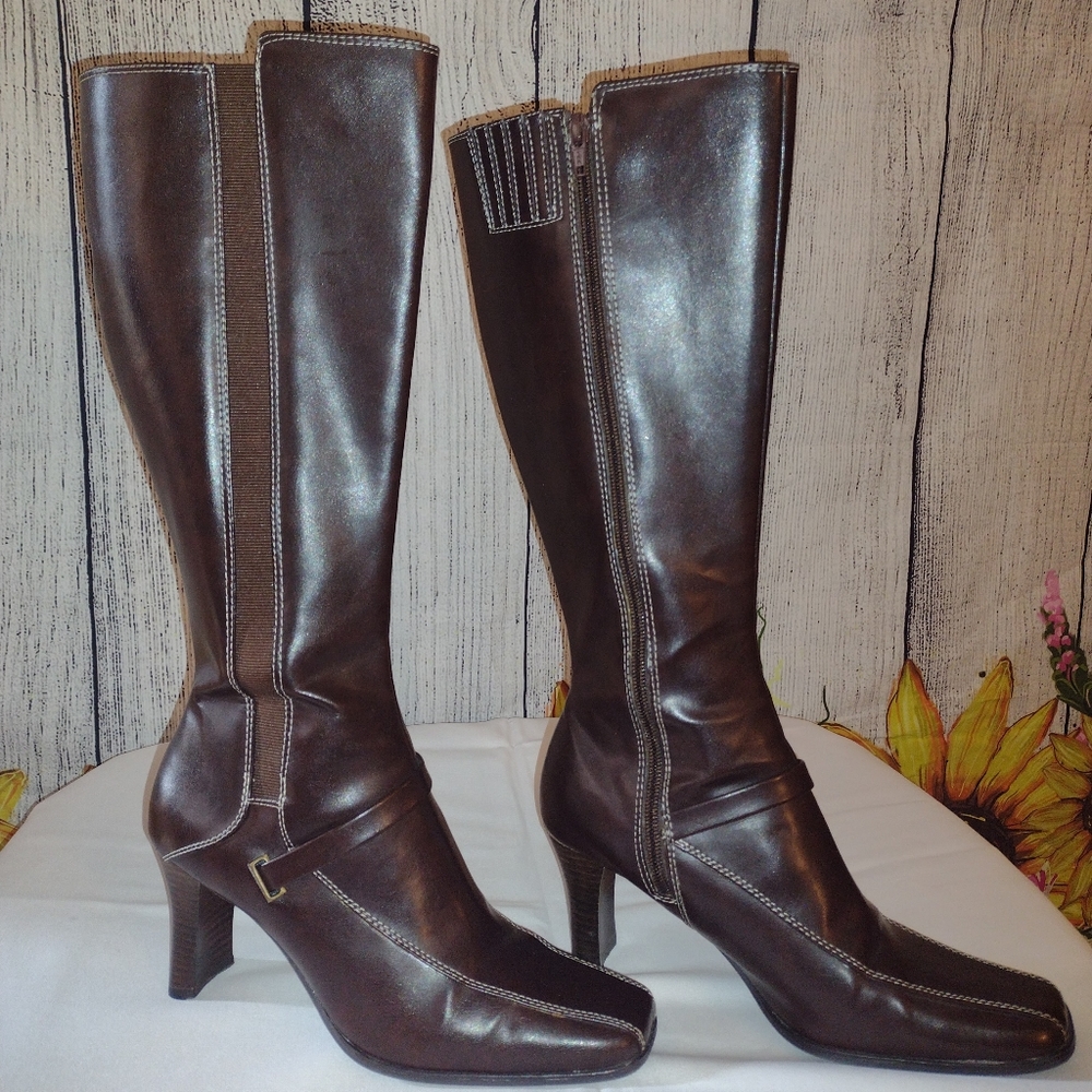 Brown Leather Heel Boots women Sz.8